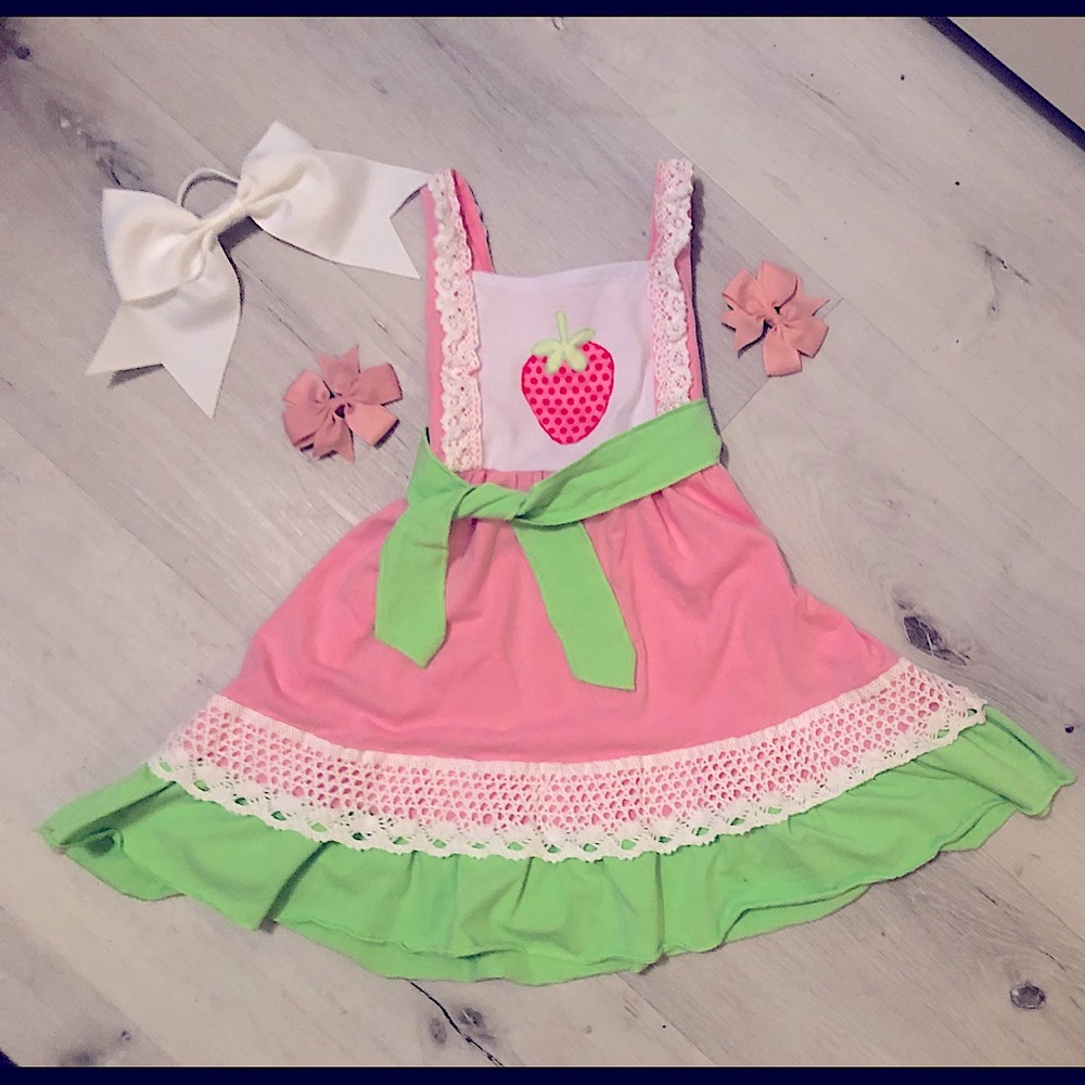 Girls Strawberry accent dress, with crochet detail
